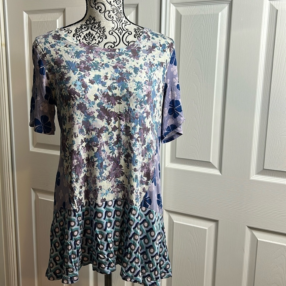 LOGO Lori Goldstein Purple Blue Patchwork Flow Top S